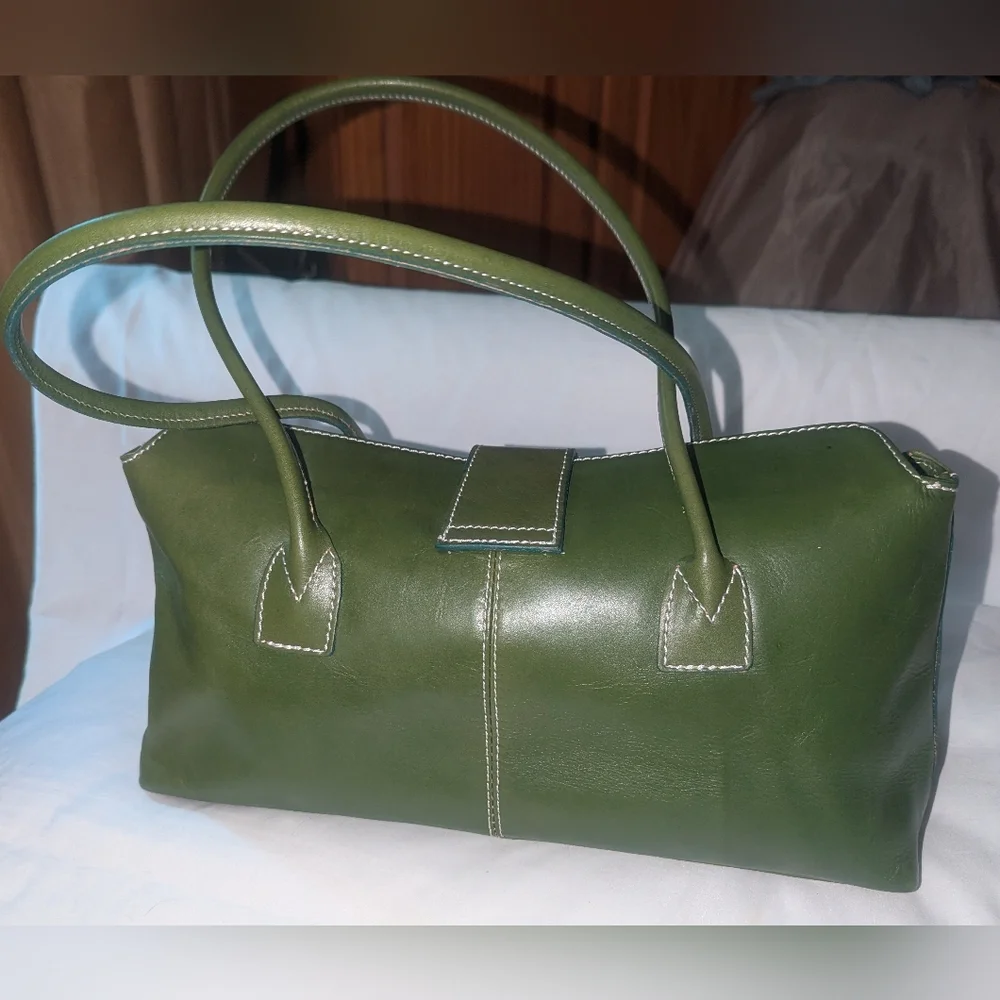 Vera Pelle Green Leather Shoulder Bag.Made In Italy